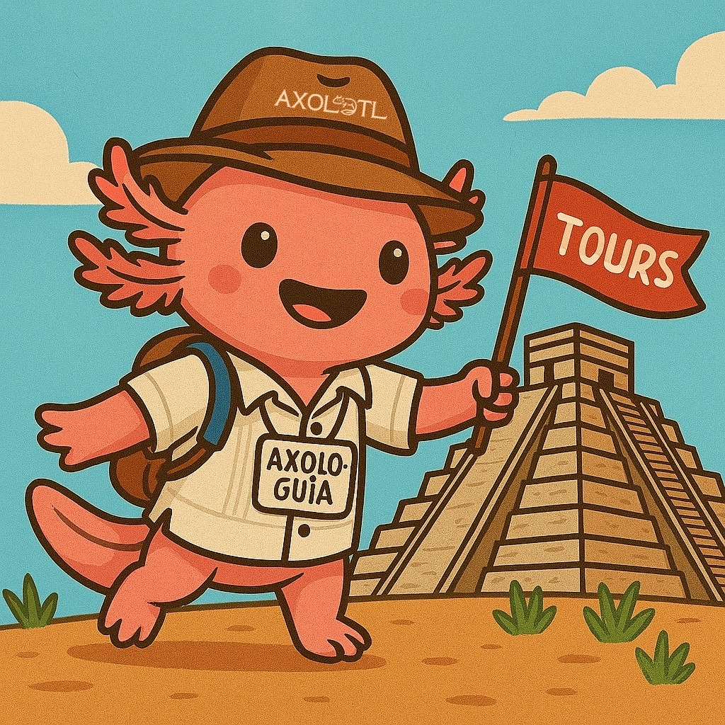 Ilustración estilo caricatura de Axo, un ajolote rosa sonriente vestido como guía turístico, con sombrero y guayabera, caminando frente a la pirámide de Chichén Itzá. Lleva una bandera roja que dice "TOURS", y su sombrero está personalizada con el logo de Axolotl Mérida. El fondo muestra un cielo azul con nubes y la pirámide iluminada por el sol.